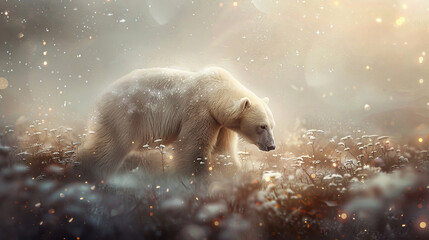 A polar bear walking through a field of glowing snowflakes. 