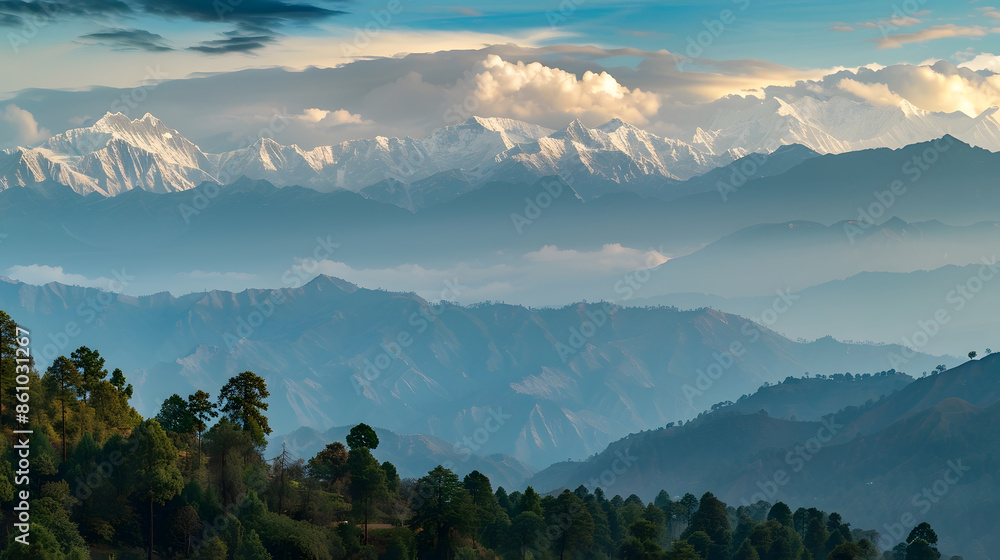 Panoramic landscape of great Himalayas mountain range during an autumn ...