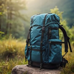 travel backpack on blurred amazing wild nature background Generative AI 