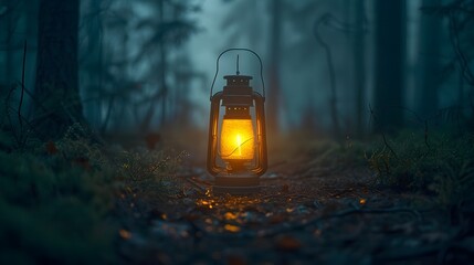 Poster - Lone Lantern Illuminating Mysterious Path in Dark Forest Guiding the Way Through the Unknown