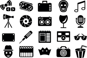 Wall Mural - Entertainment related concept such as ilm reel, popcorn, movie ticket, theater mask, music note & many more, editable stroke outline icons isolated on white background flat vector illustr