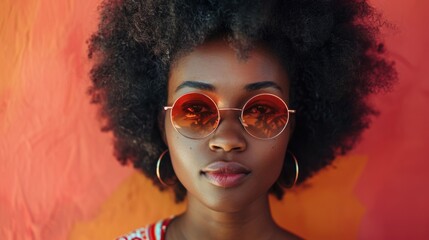 Wall Mural - A stylish woman with an afro and red sunglasses poses confidently against a vibrant orange background.