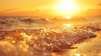 Golden sunset waves gently crashing on the beach, illuminating the scene with warm, magical light and sparkling water droplets.