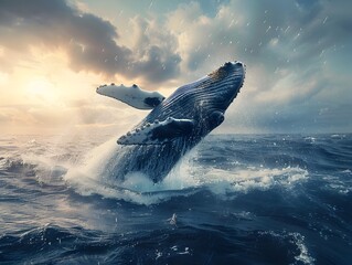 Wall Mural - Majestic Whale Breaching the Dramatic Ocean Surface in Powerful Splash