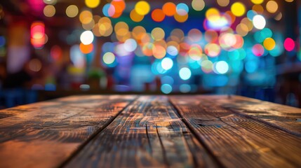 Sticker - Empty brown wooden table and blur background of abstract of resturant lights people enjoy eating ,can be used for montage or display your products