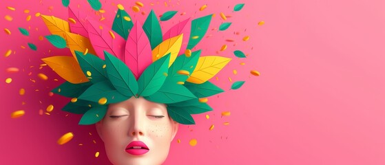 Creative portrait of a woman with colorful paper leaves headdress on a vibrant pink background symbolizing nature and imagination.