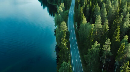 Aerial view of road with green woods by blue lakes water in summer Finland : Generative AI