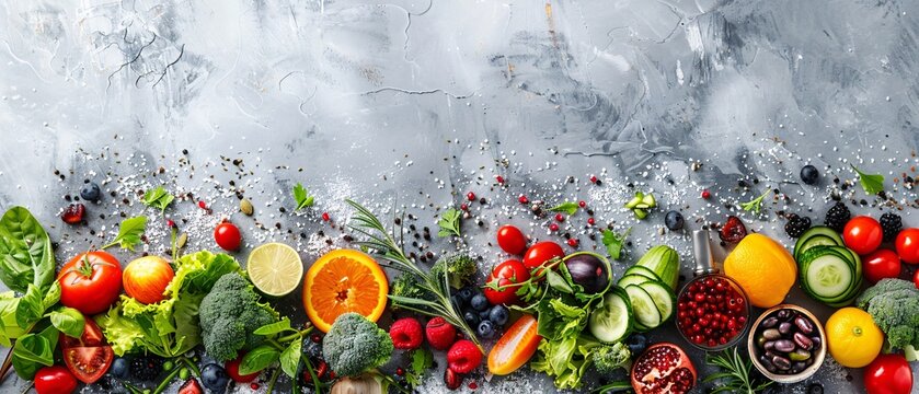 fresh produce and spices on a grey background.