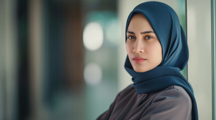 A portrait of an Arabic businesswoman in hijab, wearing professional attire and standing confidently against the backdrop of her modern office space, symbolizing diversity and commitment to success.