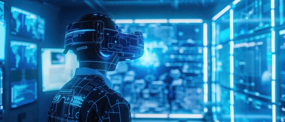 Wall Mural - virtual reality gear in a tech lab, with holographic displays, futuristic, blue tones, digital rende