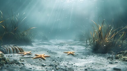 Tranquil Underwater Seascape with Scattered Starfish and Swaying Seagrasses