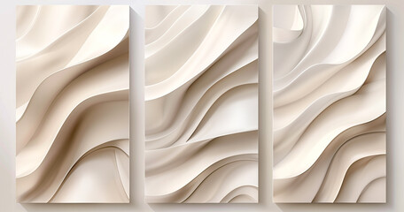 Set of three posters with geometric abstract art of curvy  abstract shapes in white, cream, tan, and beige colors . Decorative framed wall 3D effect wood texture art for copy space. 