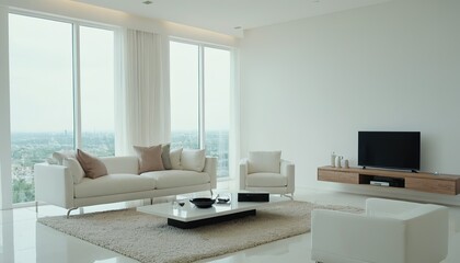 Wall Mural - Modern, white minimalist interior with kitchen, sofa, wood floor, wall panels and marble kitchen island.