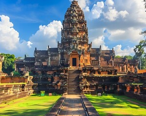 Majestic Phanom Rung Temple Complex Against Serene Blue Sky in Thailand