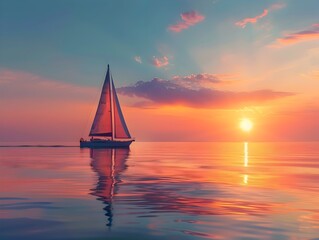 Sticker - Retired Couple Sailing at Serene Sunset Overlooking Calm Ocean Horizon