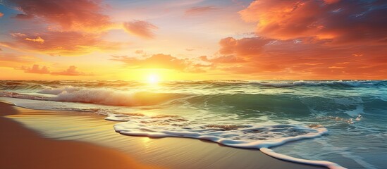 Tranquil beach scene at sunset with a peaceful horizon view, conveying a relaxing vacation concept; features a beautiful nature landscape with a tropical seascape wave and a serene orange golden sky.