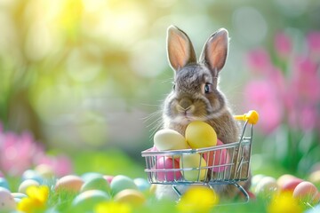 Poster - Easter bunny rabbit with shopping cart and sweet colorful eggs on background, Lovely mammal with beautiful bright eyes in nature life, Animal concept, Easter holiday sale. Generative ai