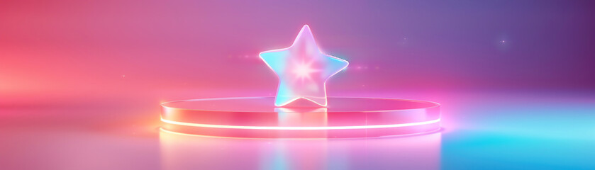 Glowing pink and blue star shape on a pedestal, illuminated in a futuristic and vibrant light setting, creating a dreamy atmosphere.