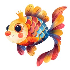 Wall Mural - Vibrant Cartoon Fish with Crown Smiling Playfully in Colorful Underwater Scene