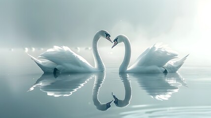 Canvas Print - Graceful Swans Swimming in a Serene Mirrored Lake with Soft Lighting