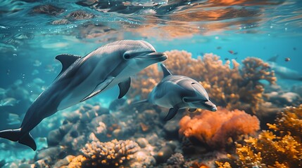 Poster - Graceful Dolphins Exploring Vibrant Coral Reef in Clear Blue Waters