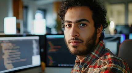 The picture of the software developer or programmer working with the computer and data inside the dark room with monitor, the developer require skills like problem solving and program language. AIG43.