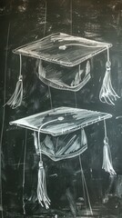 White chalk drawing of two graduation caps on a chalkboard