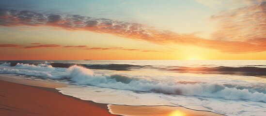 Poster - Soft, tilt-shift effect enhances beach scenery at sunset with copy space image.