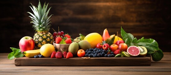 Wall Mural - Nutritious exotic fruits displayed on a wooden board, perfect for athletes, with copy space image.
