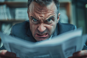 A man is holding a newspaper and looking angry