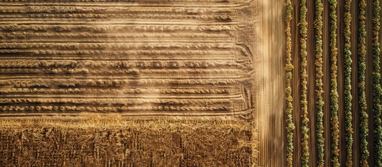 Fototapete - Low level aerial image of a crop of potatoes in a ploughed arable field in the British countryside farmland. Copy space image. Place for adding text or design