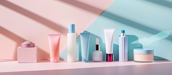 Wall Mural - Various cosmetics isolated on a pastel background Isolated. with copy space image. Place for adding text or design