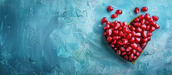 Leinwandbilder - Heart shaped pomegranate seeds on facture background pastel background. with copy space image. Place for adding text or design