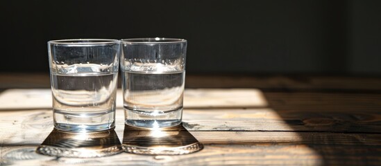 Poster - Glasses of water on a wooden table. Selective focus. Shallow DOF. with copy space image. Place for adding text or design