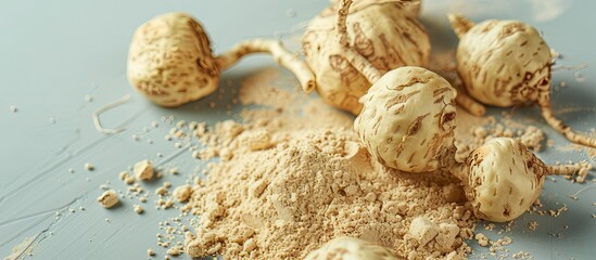 Fototapete - Peruvian maca roots or Peruvian ginseng (lat. Lepidium meyenii) with maca products (maca powder) on a light pastel background. with copy space image. Place for adding text or design