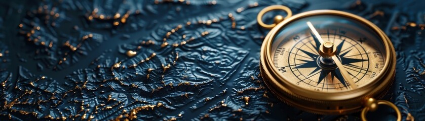 Luxurious gold compass on navy background