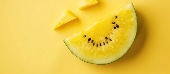 Fototapete - Yellow watermelon slice Isolated on pastel background. This has clipping path. with copy space image. Place for adding text or design