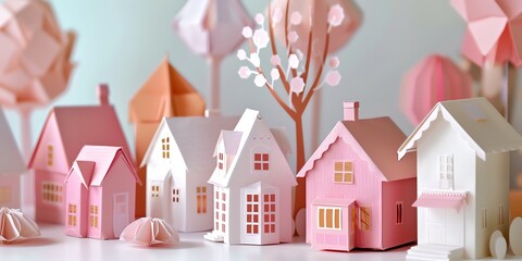 Wall Mural - paper origami mini town tree,architecture, scandinavian, landscape, light, mini city, mini cute forest, green land, 2:1