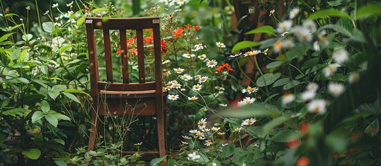 Poster - Wood chair in the flowers garden./ Flowers in the garden. with copy space image. Place for adding text or design