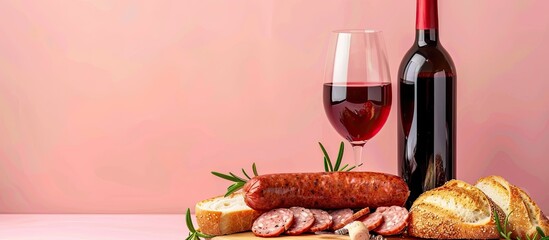 Leinwandbilder - composition with wine,sausage and bread Isolated on pastel background. with copy space image. Place for adding text or design