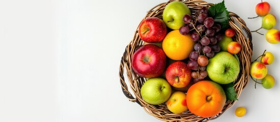 Aufkleber - Wicker basket with different fruits on white background, top view. Copy space image. Place for adding text or design