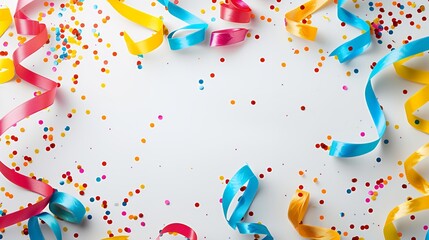 Colorful ribbons and confetti on a white background with space for copy for a celebration or party design, in a top view. Colorful ribbon streamers bordered isolated on a white background with space f