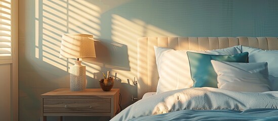 Wall Mural - Clean bed with headboard nightstand table and lamp with vintage beach theme decorative blue pillows in bedroom and sunlight shadows from window. with copy space image. Place for adding text or design
