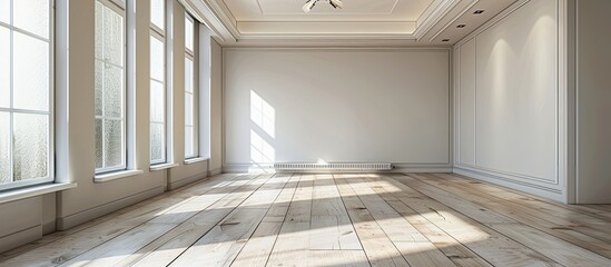 Wall Mural - Empty room with wooden baseboards with white ceramic flooring, aluminum radiator and ceiling fan. with copy space image. Place for adding text or design