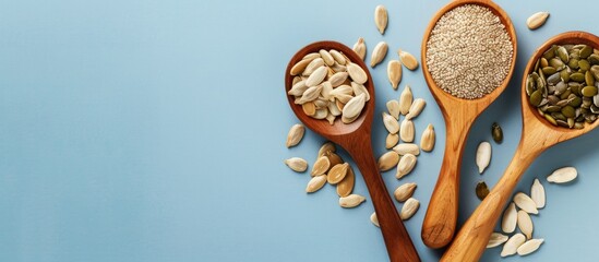 Leinwandbilder - Pumpkin, sunflower and sesame seeds in a wooden spoon Isolated on pastel background top view. with copy space image. Place for adding text or design
