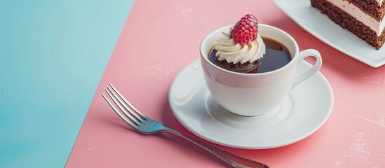 Poster - Cake and cup of coffee pastel background  Food  Coffee. with copy space image. Place for adding text or design