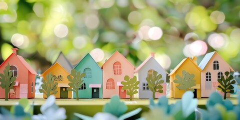 Wall Mural - paper origami mini town tree,architecture, scandinavian, landscape, light, mini city, mini cute forest, green land, 2:1