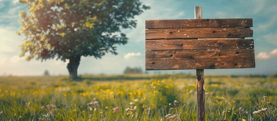 Wall Mural - Wooden sign board in green meadow and tree on pastel background. with copy space image. Place for adding text or design