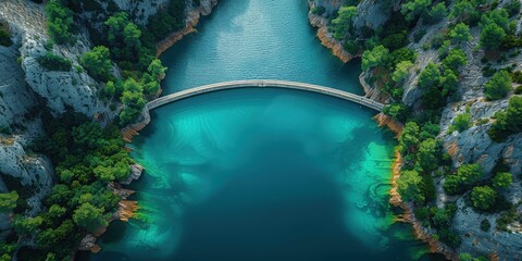 Wall Mural - Aerial View of a Dam and Reservoir in a Lush Valley