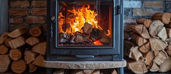 Poster - firewood burning in a stove. with copy space image. Place for adding text or design